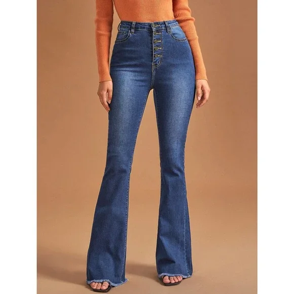 High Waist Button Front Flare Leg Jeans dark wash button fly - Picture 1 of 6